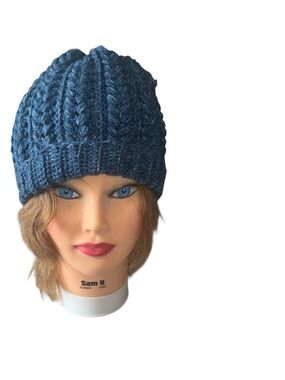 Handmade Beanie in blue Jean color and Crochet Wheat stitch puff design.